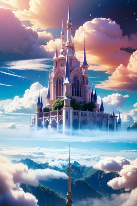 mhxy, cloud, scenery, no humans, sky, fantasy, above clouds, outdoors, cloudy sky, castle, city
