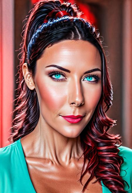 Stable_Yogis_PDXL_Positives, Realism_Quality_2xx_By_Stable_Yogi, photo, photo_realistic, 1girl, mature_woman, some aging wrinkles, wrinkles, facial wrinkles, European, 32 years old, seductive smile, sultry, serious stare, stern look, sexy pose, eye shadow, makeup, milf, mature female, leaning forward , natural skin, realistic, sexy beauty, slim waist, hands out of view, skin texture style, detailed skin pore, detailed skin, realistic skin, red lipstick, makeup, long high ponytail, streaked hair, bond hair, red streaks in hair, long side bangs, red highlights in bangs, thick lips, black lips, mega ponytail, big hair, bright blue eyes, blush, made out of, mint, jade, green, fresh, refreshing, garden, castle, <lora:coralbugXL:1.8> , coralbugXL.