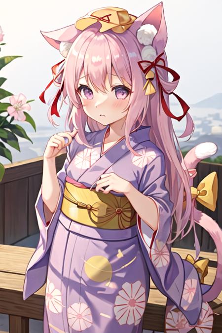 best quality, masterpiece, highres, solo, {yukata:1.40}, {kimono:1.20}, {kisaragi_azurlane:1.15}, long_hair, animal_ears, cat_ears, pink_hair, ribbon, blush, pink_eyes, hat, animal_ear_fluff, bow, cat_tail, tail, school_hat, bangs, one_side_up, yellow_headwear, hair_between_eyes, hair_ribbon, purple_eyes, ears_through_headwear, very_long_hair