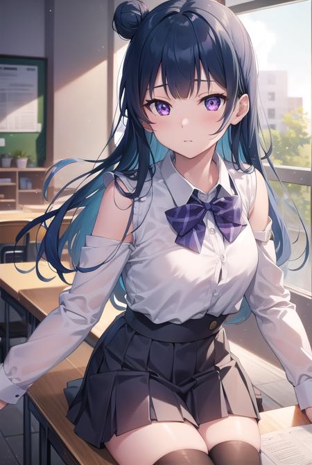 yoshikotsushima, <lora:yoshikotsushima-lora-nochekaiser:1>, 
yoshiko tsushima, blue hair, hair bun, (purple eyes:1.1), single side bun, bangs, long hair, (small breast:1.2),
BREAK bow, bowtie, buttons, grey skirt, long sleeves, pleated skirt, school uniform, serafuku, skirt, uranohoshi school uniform, yellow bow, yellow bowtie, sleeveless,
BREAK looking at viewer, 
BREAK indoors, classroom,
BREAK <lyco:GoodHands-beta2:1>, (masterpiece:1.2), best quality, high resolution, unity 8k wallpaper, (illustration:0.8), (beautiful detailed eyes:1.6), extremely detailed face, perfect lighting, extremely detailed CG, (perfect hands, perfect anatomy),