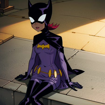 batgirl,1girl,solo,mask,white eyes,no pupils,black cape,bat print,purple bodysuit,utility belt,black gloves