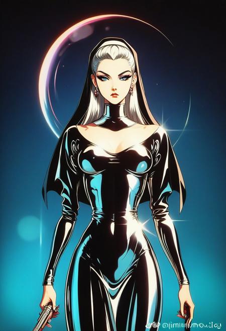Score_9, score_8_up, score_7_up, score_6_up, nun holding two guns, mystery pose, habit, veil, Christian symbols, cool, from below, epic pose, feminine, serious, splash art, faceless female, long hair, standing, simple background, Chromecore, dark and blue background, vibrant colors, colorful, metal skin, expressionless, serious, Chromecore, bright, dark vibes, dark fantasy, armor, chromecore skin, glossy, polished, mirror sheen, lens flare, caustic lighting, specular highlights, radiant glow, diffused reflections, light scattering, chrome reflections, sparkling bokeh, iridescent highlights, glinting silver effects, <lora:Chromecore_style:0.8> UKIYO-E, ukiyo-e