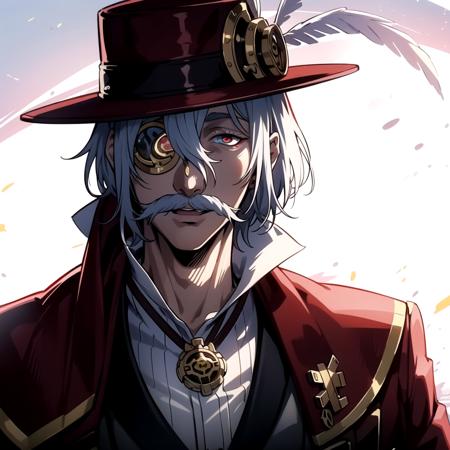 1boy, solo, multicolored eyes,heterochromia, cape, facial hair,hat,male focus,mustache, white shirt, short hair,white hair, upper body, <lora:JackTheRipper:0.6>, monocle