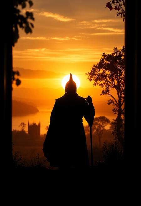 solitary figure stands silhouetted in the foreground, staff in hand, gazing towards a breathtaking sunset landscape. Adorned with a pointed helmet and flowing robes, their dark outline contrasts starkly against the warm, golden background. A serene lake reflects the fiery sky, while trees dot the horizon, their forms softened by the hazy light.
The scene is bathed in a rich palette of oranges, yellows, and golds, as if the world is ablaze with the sun's dying rays. This creates a mystical, almost otherworldly atmosphere that invites contemplation.
The composition evokes a cinematic quality, reminiscent of award-winning cinematography. A wide-angle perspective captures the expansive vista, drawing the eye from the central figure to the luminous landscape beyond. The image appears to be framed, suggesting it's viewed through a screen or doorway, adding depth and focus.
Careful use of silhouette and backlighting lends a dreamlike quality to the scene. Fine details like leaves and water ripples are just discernible, softened by the suffusing light. This delicate balance between detail and abstraction enhances the image's emotive power.
As day fades to dusk, this captivating tableau invites viewers to pause and reflect, blending natural beauty with human presence in a moment of visual poetry.