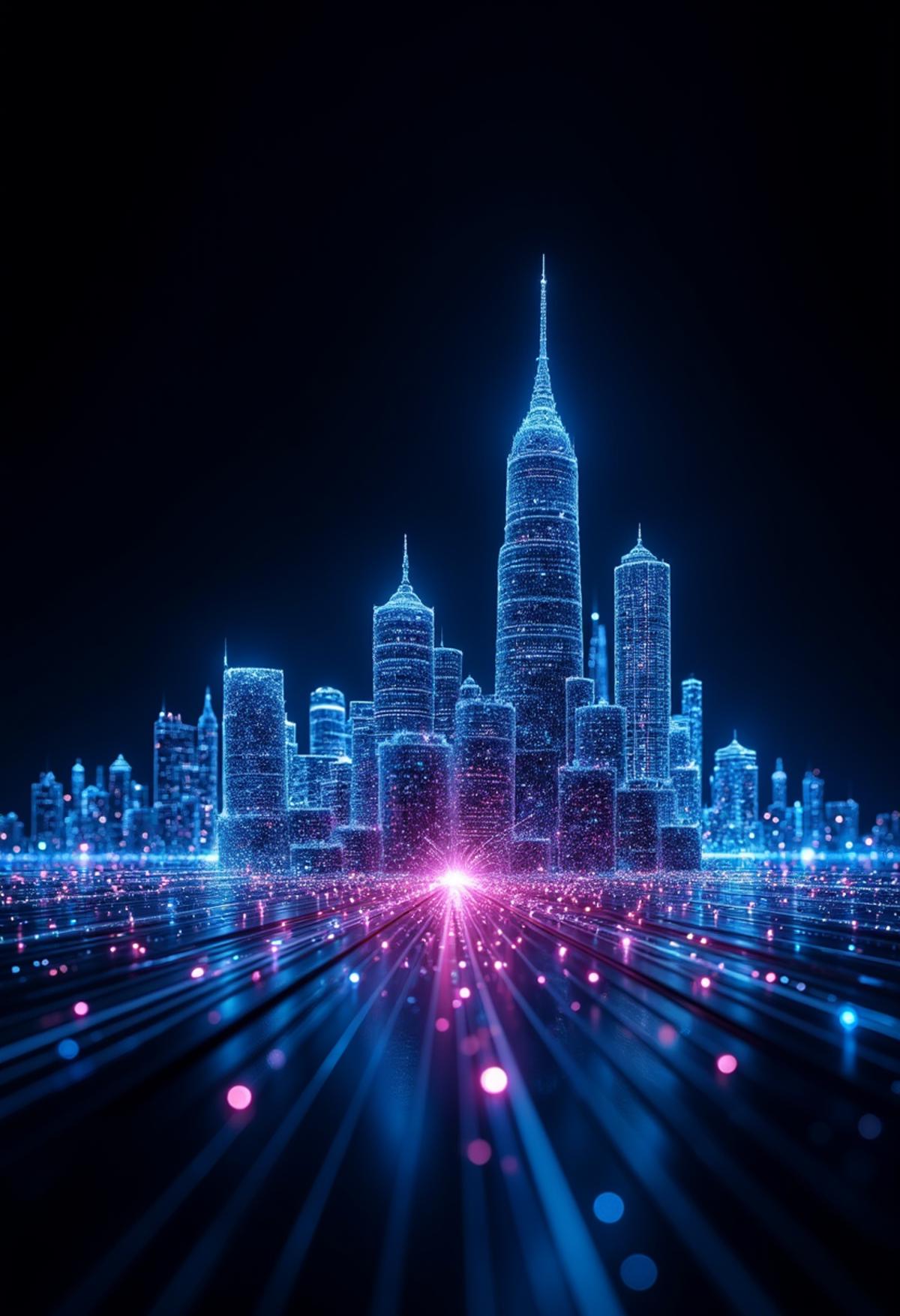 This eye-catching digital artwork features a neon-lit city skyline in wire form with a futuristic background. The black space serves as a canvas for the glowing blue and purple lights that seem to pulse along the building, giving the work a sense of movement and energy. The contrast between the illuminated areas and the dark background creates a striking visual effect and emphasizes the elegance of the skyliner. This work demonstrates the artist's ability to combine traditional art techniques with digital technology, resulting in a stunning holographic style image that captivates the viewer. ,  <lora:FluxDFaeTasticDetails.safetensors:0.8> <lora:glowing_flux.safetensors:0.8>,