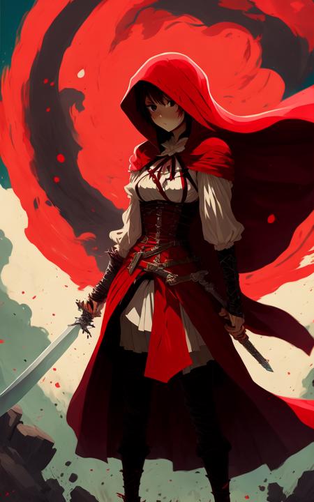 anime style little red riding hood as a badass assassin wielding a sword, smoke, film grain, full body, epic composition