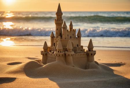digital art, 
professional photo: a small handmade sand castle stands on the seashore, 
waves wash it away, 
dawn. the sun's rays play, 
fall on the castle, 
play of light and shadow, 
splashes, 
sun glare, 
close-up, 
hyperrealistic, 
HDR