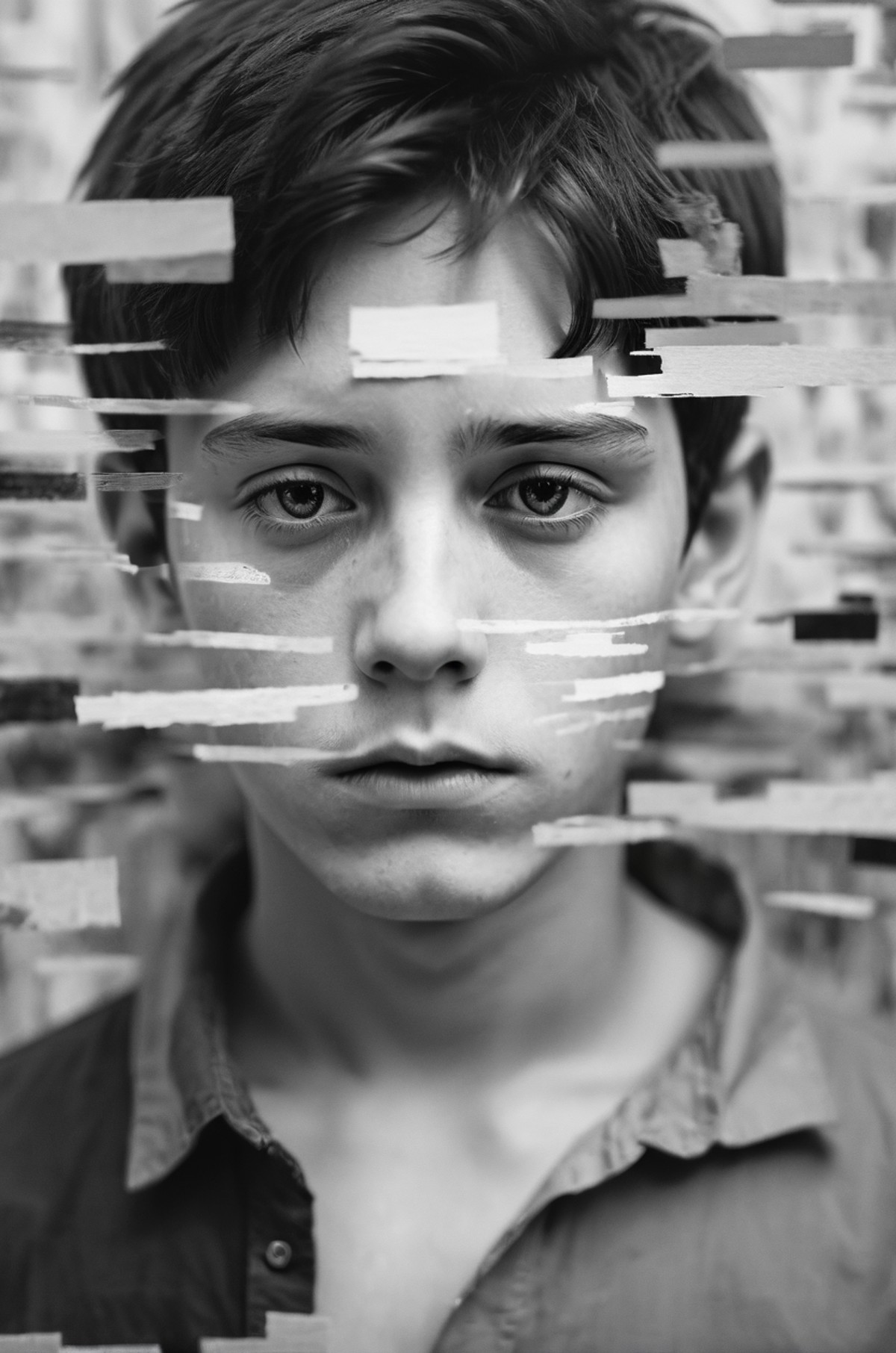 Abstract, realistic portrait of 1boy, looking at viewer, fragmented visual style, monochrome color palette, upper body, bl...