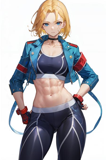 <lora:cammy_white-v2:1> cammy sf6, black sports bra, choker, 1girl, solo, open clothes, black pants, looking at viewer, navel, abs, white background, blue eyes, scar on face, red gloves, scar on cheek, muscular, antenna hair, hand on hip, black choker, open jacket, cropped jacket, thick thighs, blonde hair, fingerless gloves, sports bra, short hair, thighs,  muscular female, midriff, blue jacket