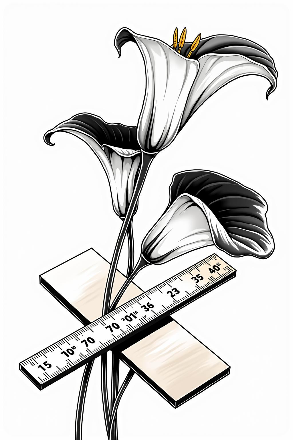 Dark Moody Atmosphere, line art drawing black and white with vibrant permanent-green,cadmium-yellow,yellow-ochre accents, sharp clean lines, high contrast, complimentary color theme, three open white lilies with curved stems, the lilies intertwine with an oversized right-angle two-piece beige carpenter square tool with imperial measurement markings, 2D flat illustration, optical illusion, in memoriam simplistic artwork, somber solumn theme, in the style of M.C. Escher, line art, bright white background . professional, sleek, modern, minimalist, graphic, line art, vector graphics, dramatic, mysterious, dark moody atmosphere