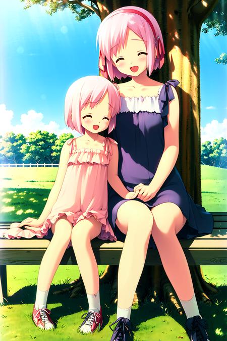 ((masterpiece, high quality, best quality)),
2girls, mother and daughter, bench, childe, closed eyes, pink hair, short hair, brown hair, long hair, hairband, tree, day, dress, dappled sunlight, blush, outdoors, happy, sitting, smile,
<lora:gayaro-style_v1.1:1.0>