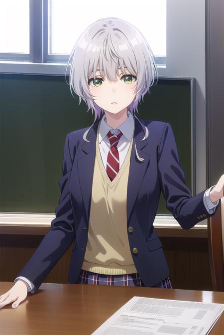 fuukakikuchi, <lora:fuuka kikuchi s1-lora-nochekaiser:1>,
fuuka kikuchi, short hair, bangs, hair between eyes, (green eyes:1.3), grey hair,
BREAK skirt, shirt, long sleeves, school uniform, jacket, white shirt, pleated skirt, necktie, collared shirt, plaid, plaid skirt, blazer, red necktie,
BREAK indoors, classroom,
BREAK looking at viewer,
BREAK <lyco:GoodHands-beta2:1>, (masterpiece:1.2), best quality, high resolution, unity 8k wallpaper, (illustration:0.8), (beautiful detailed eyes:1.6), extremely detailed face, perfect lighting, extremely detailed CG, (perfect hands, perfect anatomy),