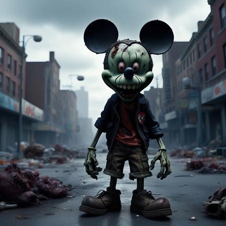 Mickey mouse zombie, starting a brain, in a post-apocalyptic city (best quality,4k,8k,highres,masterpiece:1.2), ultra-detailed, (realistic,photorealistic,photo-realistic:1.37), horror, portraits, vibrant colors, dramatic lighting, decaying city, eerie atmosphere, crumbling buildings, foggy streets, dilapidated cars, broken windows, abandoned toys, hauntingly beautiful, haunting shadows, dark alleys, flickering streetlights, twisted Mickey ears, tattered clothing, menacing smile, bloodshot eyes, decaying flesh, gnarled hands, creepy crawlies, zombie apocalypse, brain feast, macabre scenery.