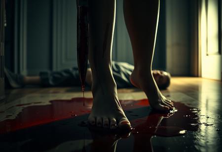 Close-up shot, cinematic lighting. A woman stands barefoot in a pool of blood over the lifeless body of a man inside a dimly lit house. The focus is on her legs from the thighs down. The tip of a bloodied knife hangs from her hand, droplets of crimson falling into the puddle below. Her bare skin is streaked with bloody handprints—some smeared as if desperate fingers had clawed at her thighs, while others are more defined, gripping marks frozen in time. The contrast of deep red against her pale skin tells a silent story of a violent struggle. The lighting casts dramatic shadows, enhancing the eerie, tense atmosphere. The floor is slick with blood, reflecting a haunting glow from a nearby light source.