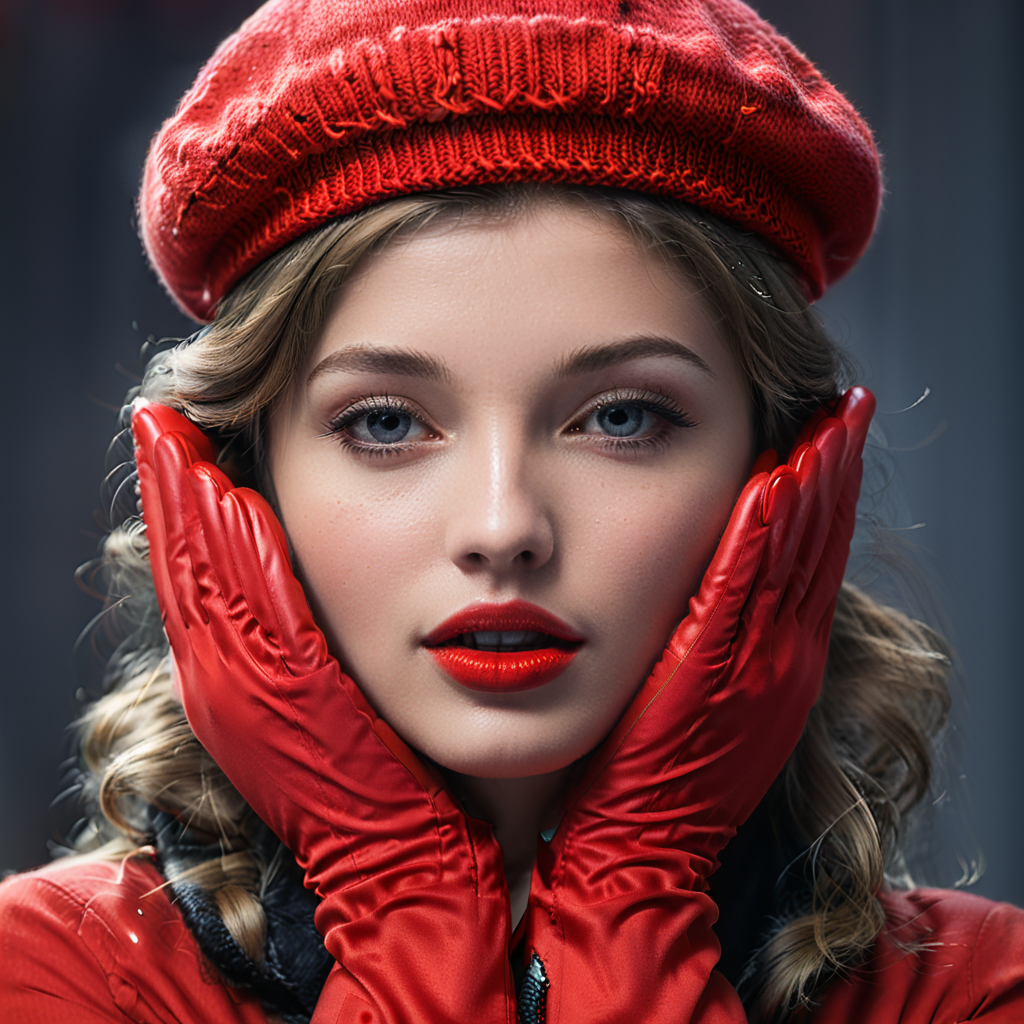 a woman wearing red gloves and a red hat with her hands on her face and a red hat on her head, Elina Karimova, red, a phot...