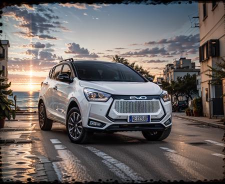 RAW photo, front side view  evo car driving with wheel motion blu on pln road with sea in behind under a sunset sky, focus on evo, 8k uhd, dslr, soft lighting, high quality, film grain, Fujifilm XT3 <lora:evo-car_pln-plaza_dm-plaza_DAdapt-LoRA_SD15_v061-000007:0.85>