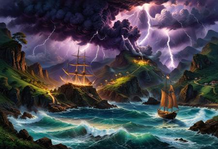 Oil pastel landscape scene where sea waterspout storm with lightning is the focal point. The storm dominates the skyscape while in the foreground a tall pirate sailboat in a steep mountain pass. ((Highest quality: 1.0), (High resolution: 1.0), (masterpiece: 1.0), beautiful and aesthetic: 1.3), extremely detailed, colorful, very detailed, ((ultra-detailed)), (highly detailed CG illustration), ((Dark and purple hues, shadow, mysterious,)),
