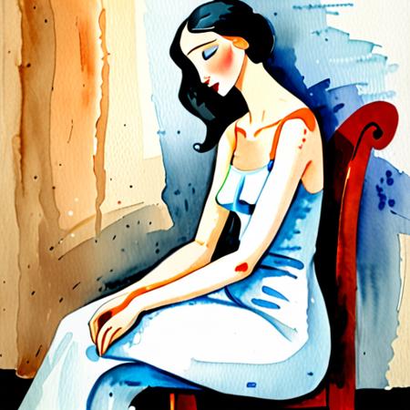 water color, full body, modigliani style, 1lady, sitting, long neck, faint blue eyes, beautiful, slim, elegant, lost in thoughts, relax
