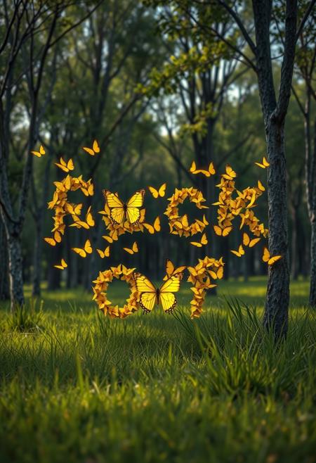 picture of alot of yellow butterflies forming a text: "fuck off" trees and grass background. realistic, dramatic lighting, HDR, masterpiece, trending on artstation, smooth, sharp, bright colors,