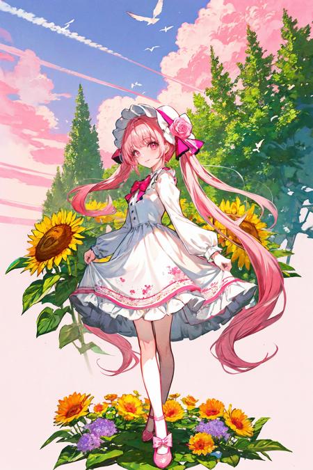 1girl, solo, dress, long hair, twintails, pink hair, full body, pink footwear, long sleeves, bonnet, flower, pink eyes, smile, looking at viewer, very long hair, pink flower, bangs, puffy sleeves, skirt hold, pink dress, pink theme, standing, white background , hat, pink rose, hat flower, closed mouth, floral background, high heels, white headwear, pink bow, shoes ,sunflower, scenery, flower, sky, outdoors, cloud, bird, sunset, plant, building, tree, cloudy sky, stairs, artist name, house, evening 
<lora:Lack-000215:1>, <lora:ç»ä¸½çåå½±:0.2>,<lora:add_detail:0.35>, <lora:adaptedmodel:0.35>