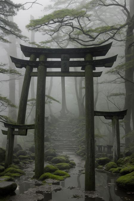 (masterpiece), (best quality), photorealistic, abandoned Shinto shrine deep in a misty Japanese forest, ancient moss-covered stone, broken torii gates, pouring rain, a rusted katana lying at the foot of a statue, low-hanging fog, soft reflections on wet stone, dark green and gray tones, cinematic lighting, highly detailed, moody and mysterious