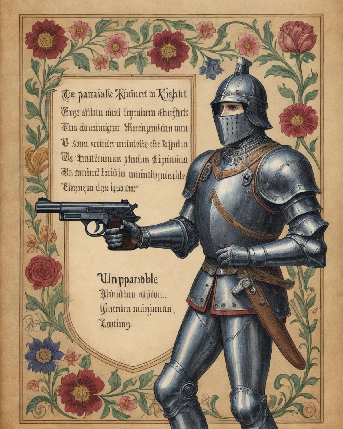 A knight in armor holding a gun, with a rose and floral design in the background.