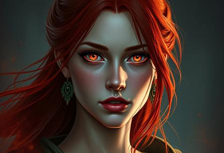 A woman with Red hair and Luminous eyes looks at the camera, Beautiful picture of the character, character portrait, character portrait, 🤤 Charlie Bowater character art, epic portrait illustration, подробныи character portrait, neo-artcore and Charlie Bowater, high quality portrait, fantasy concept art portrait, detailed matte fantasy portrait, charlie bowater art style, Detailed beautiful portrait, fantasy art portrait, dark, chiaroscuro, low-key, oil and watercolor painting