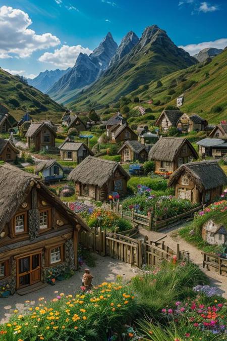 (score_9,score_8_up,score_7_up,score_6_up, photorealism, intricate details, extremely detailed, masterpiece, sharp, high contrast,
anime, masterpiece, intricate:1.3), (best quality, hires textures, high detail:1.2), (4k),(incredibly detailed:1.4), Cinematic Lighting riverside hobbit village full of farms and hobbits with gardens and flowers intricately detailed, true masterpiece, 8k, hdr, vibrant neon, led rgb studio quality OverallDetail