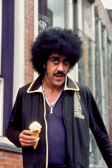 photograph_(ThinLizzy, TLPhil) , walking past NYC bodega holding  ice cream cone, detailed glossy eyes looking at viewer, visible skin pores, warm lighting, colored signs, depth of field, <lora:TLPhil:1>