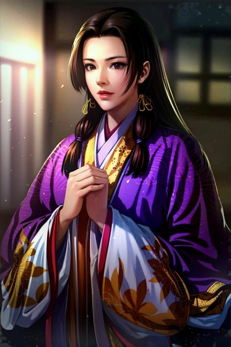 (8k, RAW photo, best quality, highres:1.2), (realistic, photo-realistic:1.37) , japanese female, japanese, letterboxed, solo, 1girl, long_hair, japanese_clothes, black_hair, purple and golden kimono, brown_eyes, (pale skin:1.2), [anger]