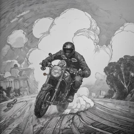 Motorcycle making sharp turn, leaning, skidding, creating a cloud of dust, black and white engraving