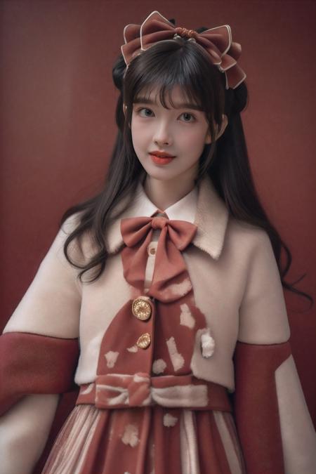 best quality, masterpiece, Highly detailed, extreme detail description, Professional, 1girl, <lora:neg4all_bdsqlsz_V3.5:1>, photo \(medium\), <lora:PAseer-SD15-LCM Quick:1>, <lora:ip-adapter-faceid-plusv2_sd15_lora:1>, <lora:chinese_new_year_dress_style1_v1:1:lbw=CLOTH>, cyb dress, layered dress, long sleeves, hair bow, frilled dress, overcoat, bowtie,
