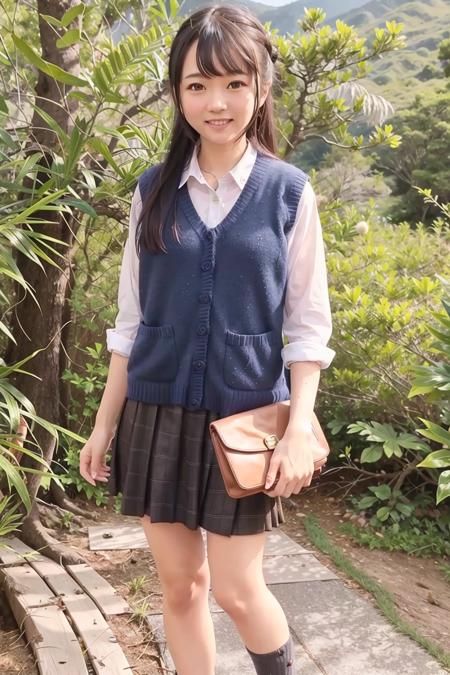 (4k, best quality), (realistic, photo-realistic),(remu_hayami),
1girl, solo,(full body),
facing viewer,
(smile),(looking at viewer),
standing,arms_at_sides,
perfect skin, sweater_vest,flared_skirt,
outdoors,branch, bush, day, dress, flower, forest, grass, nature, necklace, palm_tree,
<lora:remu_hayami_v11:0.7>