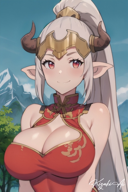 aliza, draph, horns, huge breasts, pointy ears, very long hair, white hair, blonde hair, headpiece, hair pulled back, high ponytail, china dress, cleavage cutout, clothing cutout