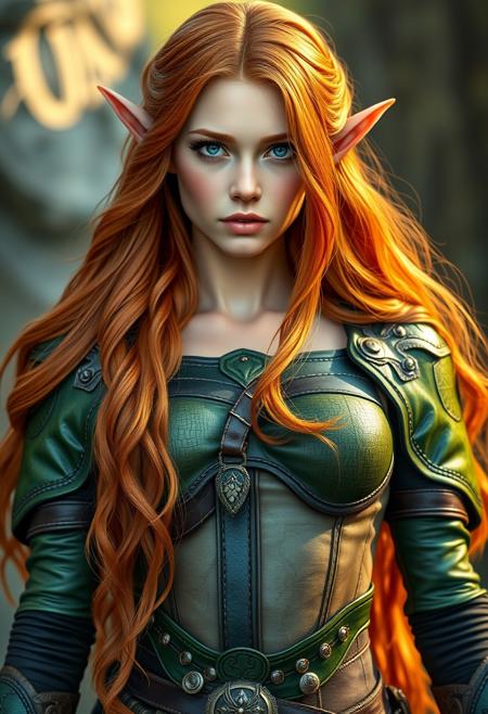 gorgeous busty elf, long flowing ginger hair, medium symmetrical breasts, wearing green leather armor, intricate details, ultrafine detail, vibrant color, 8k resolution, full body
