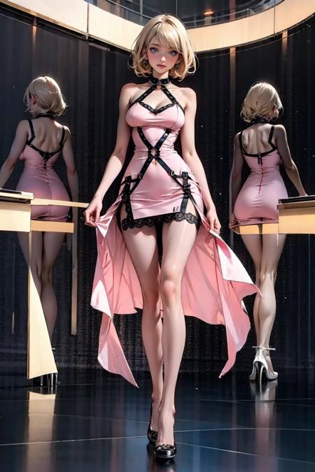 1girl,solo,medium breasts,<lora:GoodHands-beta2:1>,(full body:1.2),(thigh gap:1.2),<lora:0145 pink dress_v2:0.8>,ruanyi0145,pink dress,dress,blonde hair,stiletto heels,, best quality,masterpiece,highres,official art,extremely detailed cg unity 8k wallpaper