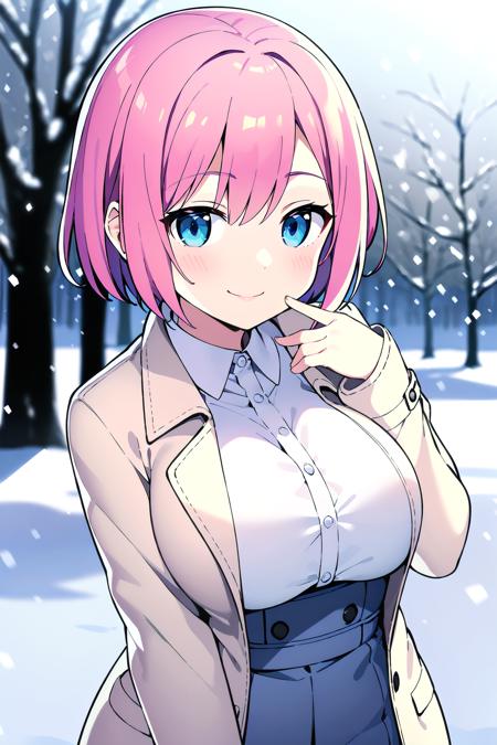 masterpiece, best quality, short hair, pink hair, blue eyes, smile, close-up, depth of field, large breasts, white shirt, coat, outdoors, snowing,