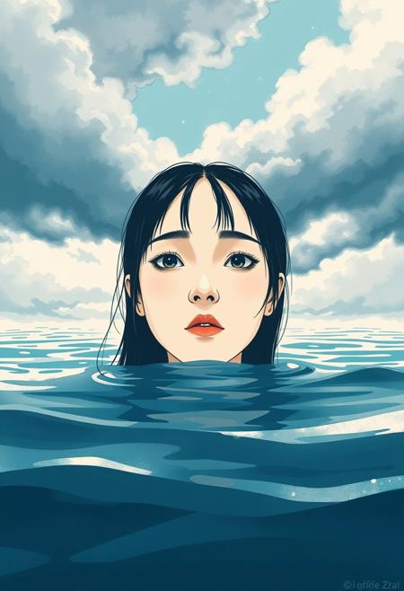 O! none, unless this miracle have might,, modern Japanese illustration style, water under dark clouds, minimal design, serene composition, expressive brushstrokes, close-up portrait, bold colors, high contrast chiaroscuro lighting, negative colors, vibrant composition, white and sky blue tones, bright and overexposed effect, dramatic atmosphere, artistic simplicity, striking visual impact
