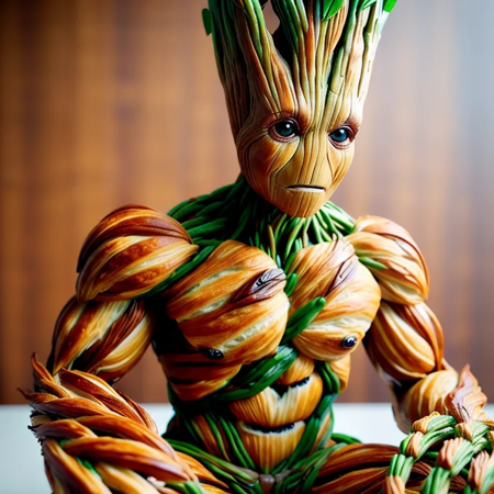 Croissant-carving,a groot tree man,Made entirely from croissants,realistic style,cinematic feel,<lora:food_carving_sd_1_5_20231205:0.6>,