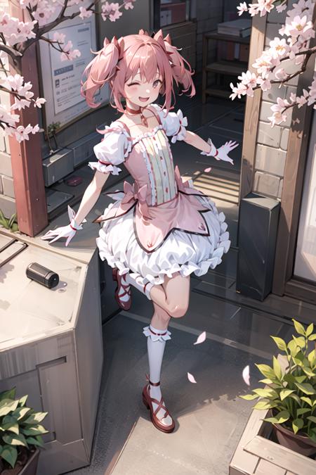 sunshine, windy, cherry blossoms, cherry blossom garden, aesthetic, intricate, sharp focus, best quality, extremely detailed,1girl, solo, from above, BREAK Madoka Kaname, (detailed shiny_anime_style_eyes), flat chest, extremely detailed textures, laughing, (running in a cherry blossom garden), casual pose,  posing <lora:MadokaKaname:1>