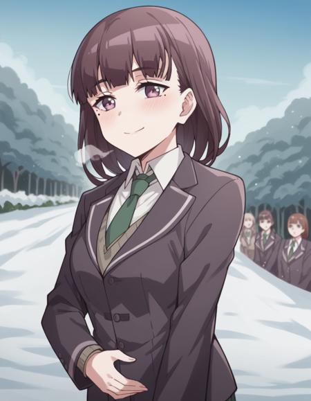 hazuki morikawa, brown hair, purple eyes, medium hair, mole, mole under eye, medium breasts, skirt, shirt, school uniform, jacket, white shirt, necktie, collared shirt, blazer, green necktie,