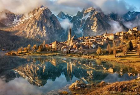 their peaks veiled in mist. mixed media, surrealism, great lighting, A surreal landscape highly detailed . extremely high-resolution details,  appears trapped in an optical illusion of reflections and refractions colorful , mountains and village in Turkey, professional photography, natural lighting, volumetric lighting maximalist. intricately detailed, complex, elegant, expansive, fantastical, film photography style,  medium grain