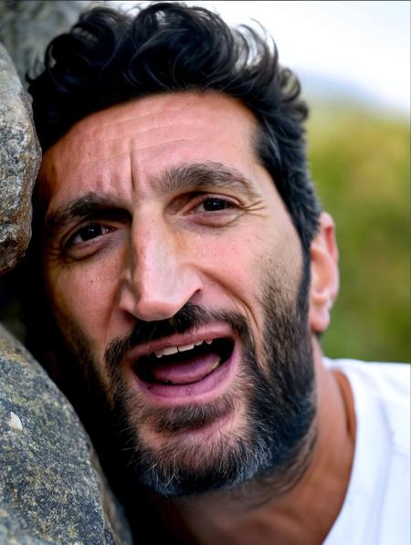 face close-up (Fares Fares:1.3) (50 years old:1.1) taking a selfie on a mountain rock, short grease hair, t-shirt, (tongue out:1.2), natural lighting moonlight, 4k uhd, dslr, soft light, high quality, Fujifilm XT3 <lora:Fares_FaresSD15_v1a-000015:0.9>