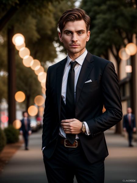 professional half shot photograph, front view, outdoor setting, warm lighting, (solo:1.35), staring into the camera, stylish well dressed man, wearing a business suit, clothed, clothing, fully clothed, bottomwear, black pants, topwear, tie, suit jacket, short brown hair, serious face, masculine, belt buckle, distinct jawline, standing, 5 fingers, knees, (bokeh), shot on canon eos, (hdr:1.2), (4k:1.4), (50 megapixel:1.4), (80mm:1.1), (srgb:1.4), (hi res:1.4), (absurd res:1.4), (High-quality photography:1.2)