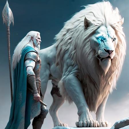 a man standing next to a white lion , fantasy animal <lora:last:1>