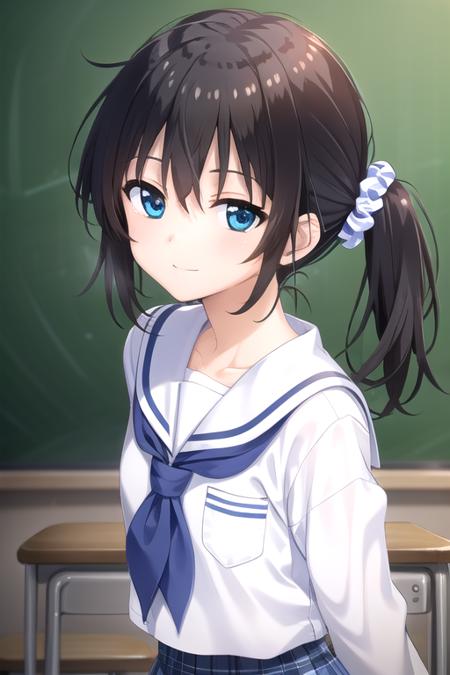 Onami Kohaku very long hair,black hair,side ponytail,hair intakes,hair scrunchie,blue scrunchie,hair ornament,hair between eyes,blue eyes sailor collar,serafuku,white shirt,neckerchief,long sleeves,blue skirt,plaid skirt,pleated skirt,black socks,loafers