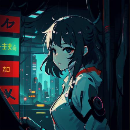 black eyes, cute animation 1girl, Cyberpunk, City,  best quality, Tokyo, Air port, Blue light, Day break, (((rough sketch))),