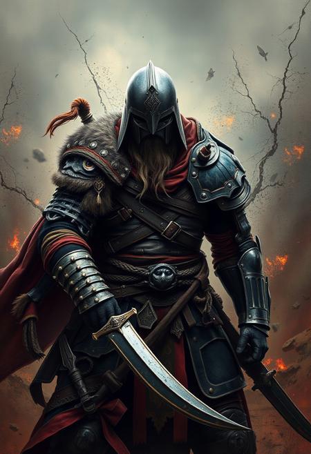 epic warrior, war torn background, epic quality