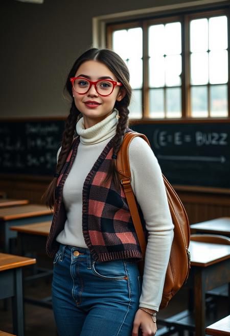 18 year old woman, nerdy girl, petite woman, cute oval face, no makeup,  blue eyes, full pouty lips, mouth open, naturally red lips, red framed round glasses, dark brown hair in twin braids, petite body, wide hips, perfect toned ass, 
Tight high waist blue denim jeans, white turtleneck sweater, plaid sweater vest over turtleneck,  brown leather backpack slung over one shoulder
In an old classroom, wall of windows, room only being lit by the light coming in the windows, dark background, old wooden desks, chalkboards with math equations, (((text on chalkboard”E = SEND BUZZ”, beautiful window lighting,