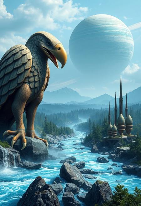 a giant alien, avian statue, with a sharp beak and eagle eyes, its clawed feet astride a fast flowing blue river with spray rising from jagged rocks, guards a valley. In the near distance several structures, tall narrow spires topped with large egg shaped crystal houses. On the horizon a giant ringed planet, its atmosphere a swirl of blues and greens, rises over an alien forest